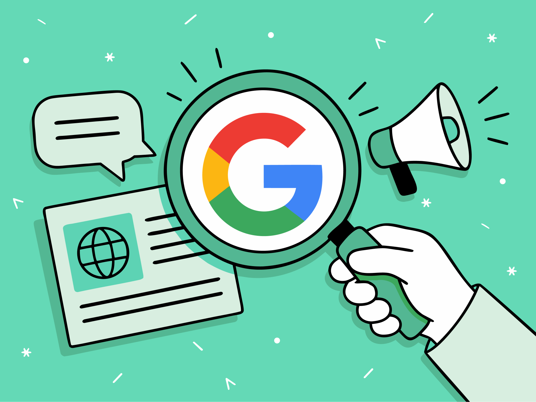 Grafika dłoni trzymającej szkło powiększające nad literą G marki Google