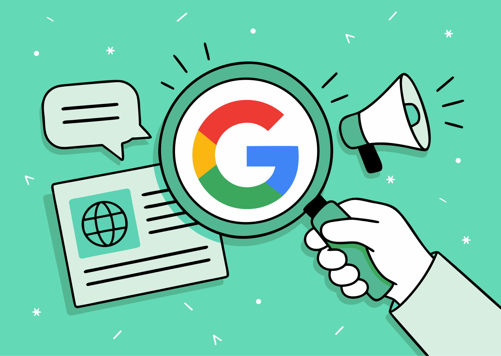 Grafik einer Hand, die ein Vergrößerungsglas über einen mit Google gebrandeten Buchstaben G hält