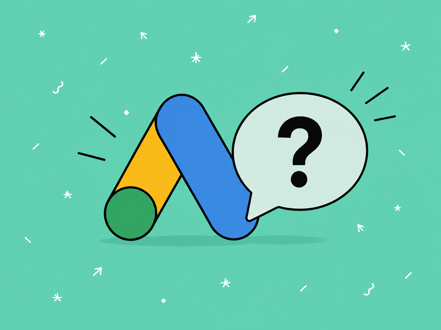 a cartoon Google Ads symbol with a question mark in a speech bubble