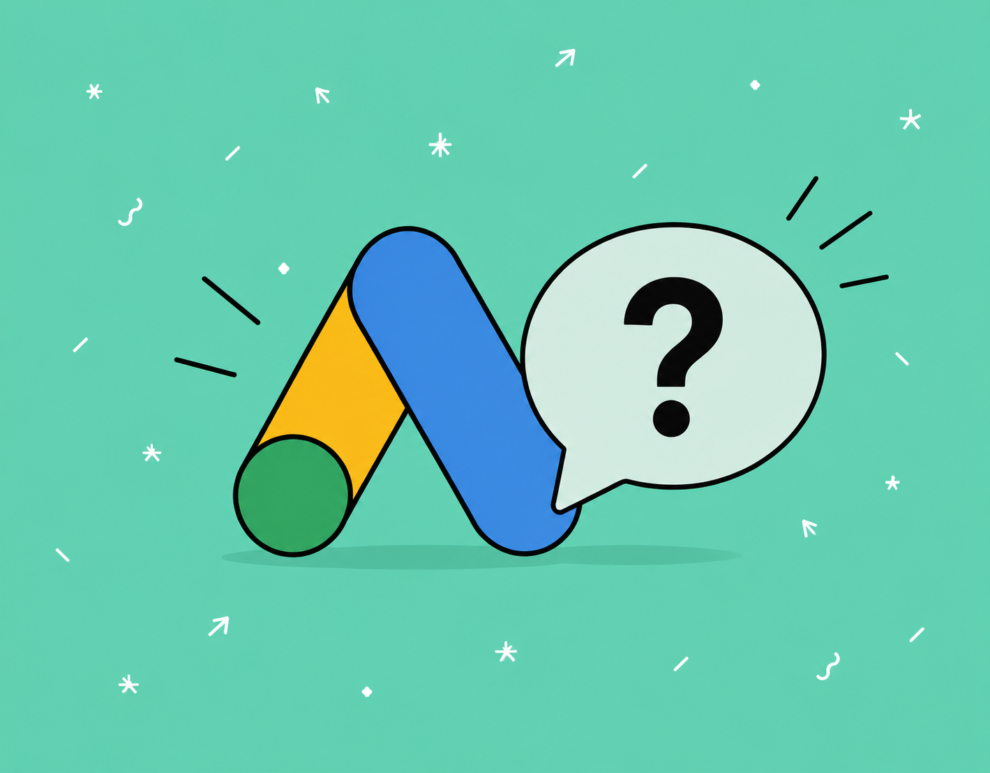 kreskówkowa ikona Google Ads z znakiem zapytania w dymku
